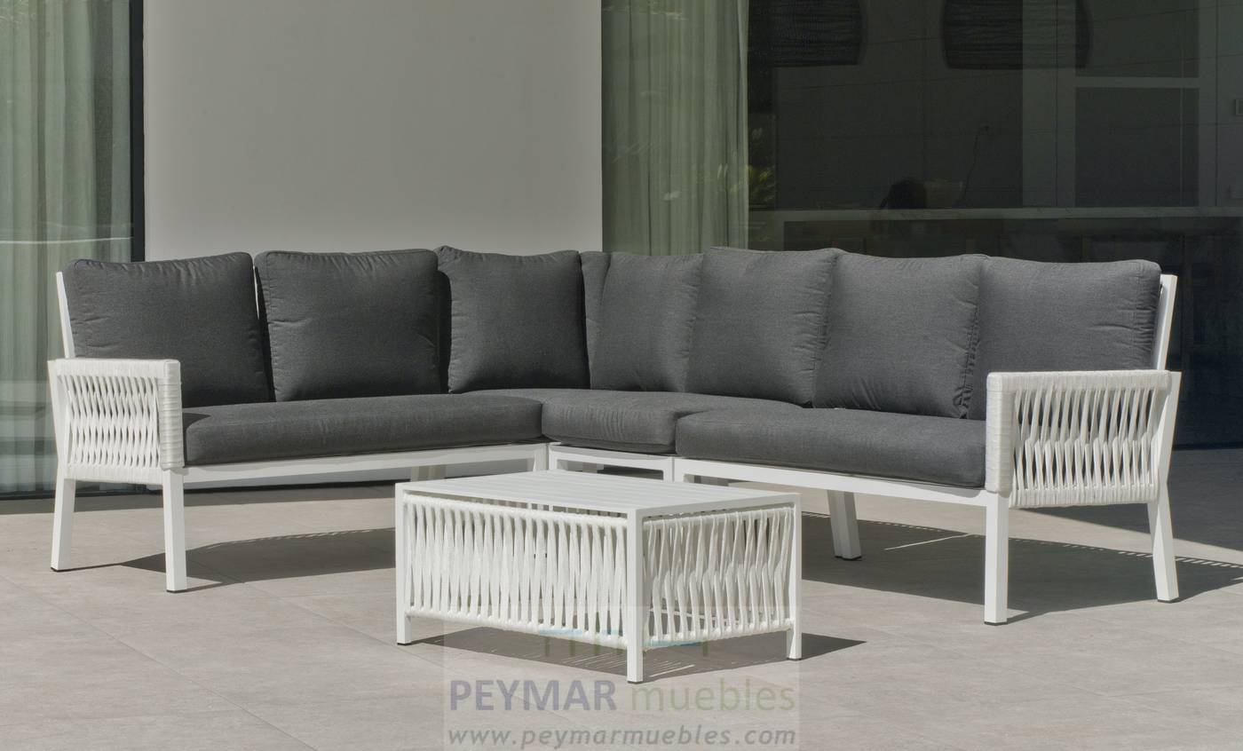 Rinconera modular lujo de 6 plazas  +  mesa centro 105 cm. Fabricado de aluminio y cuerda en colores blanco, gris, marrón o champagne.