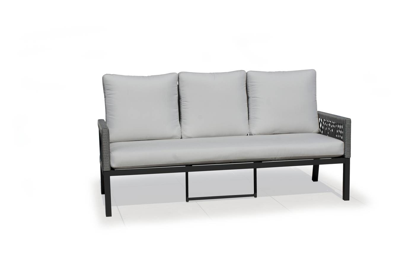 Set Aluminio Havana-10 - Conjunto aluminio y cuerda: 1 sofá de 3 plazas + 2 sillones + 1 mesa de centro + 2 taburetes. Colores disponibles en blanco, gris, marrón o champagne.