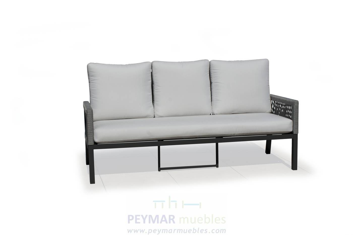 Set Aluminio Havana-8 - Conjunto aluminio y cuerda: 1 sofá de 3 plazas + 2 sillones + 1 mesa de centro. Colores disponibles en blanco, gris, marrón o champagne.