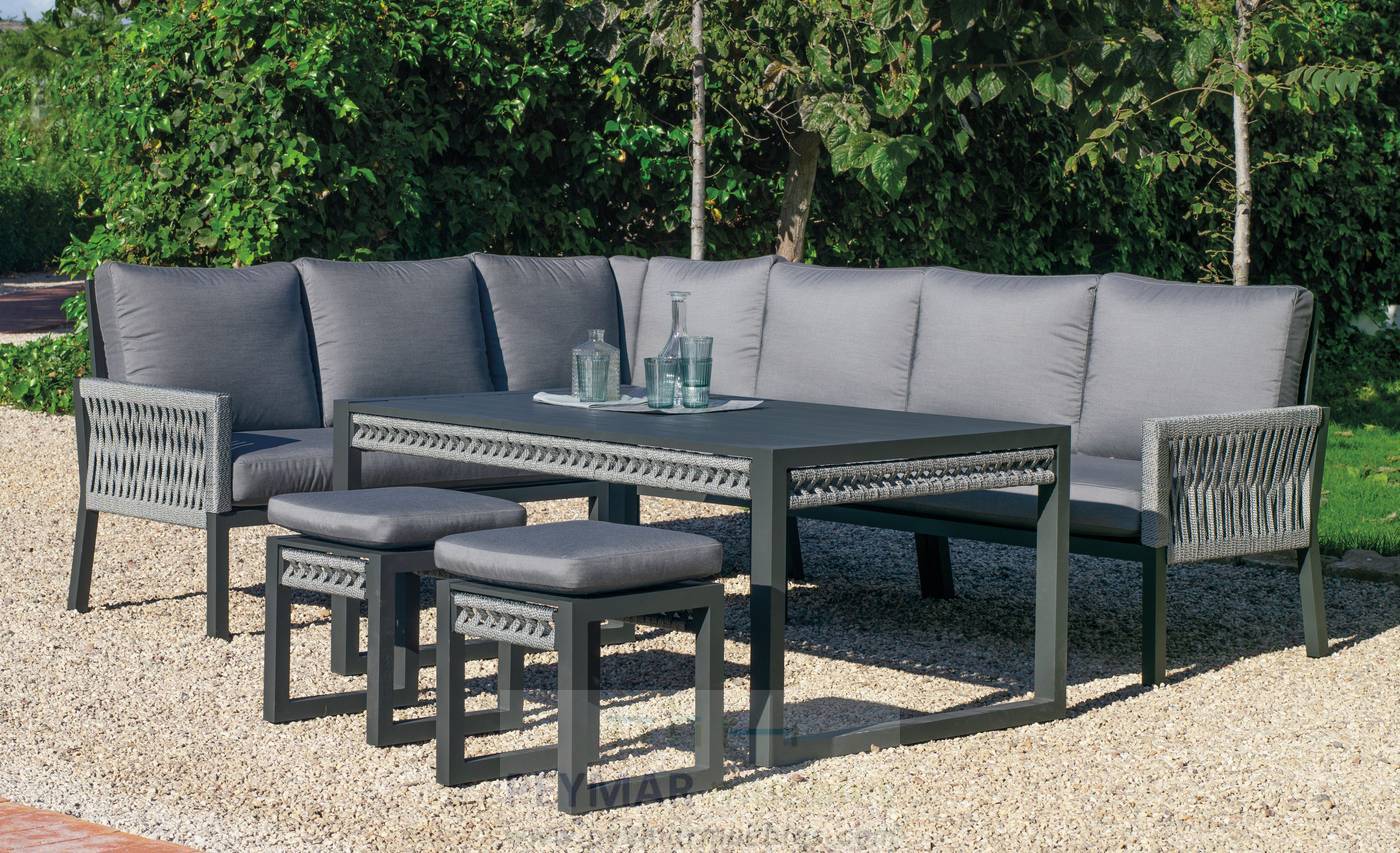 Rinconera Cuerda Havana-30 - Rinconera modular lujo de 6 plazas  +  mesa comedor + 2 taburetes. Fabricado de aluminio y cuerda en colores blanco, gris, marrón o champagne.