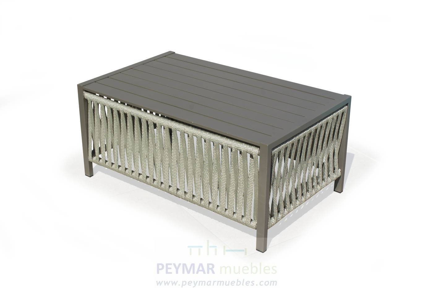 Mesa Centro Havana-90 - Mesa de centro rectangular gran lujo de 90 cm. Fabricada de aluminio y cuerda en color blanco, gris, marrón o champagne.