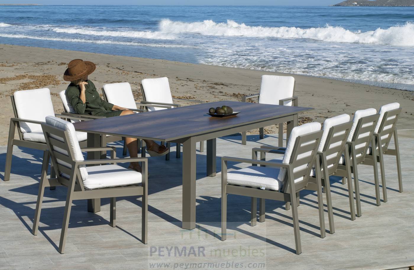 Mesa Extensible HPL Camelia-300 - Mesa extensible de 220 a 300 cm, con tablero  HPL ultra resistente. Estructura aluminio color blanco, antracita o champagne.