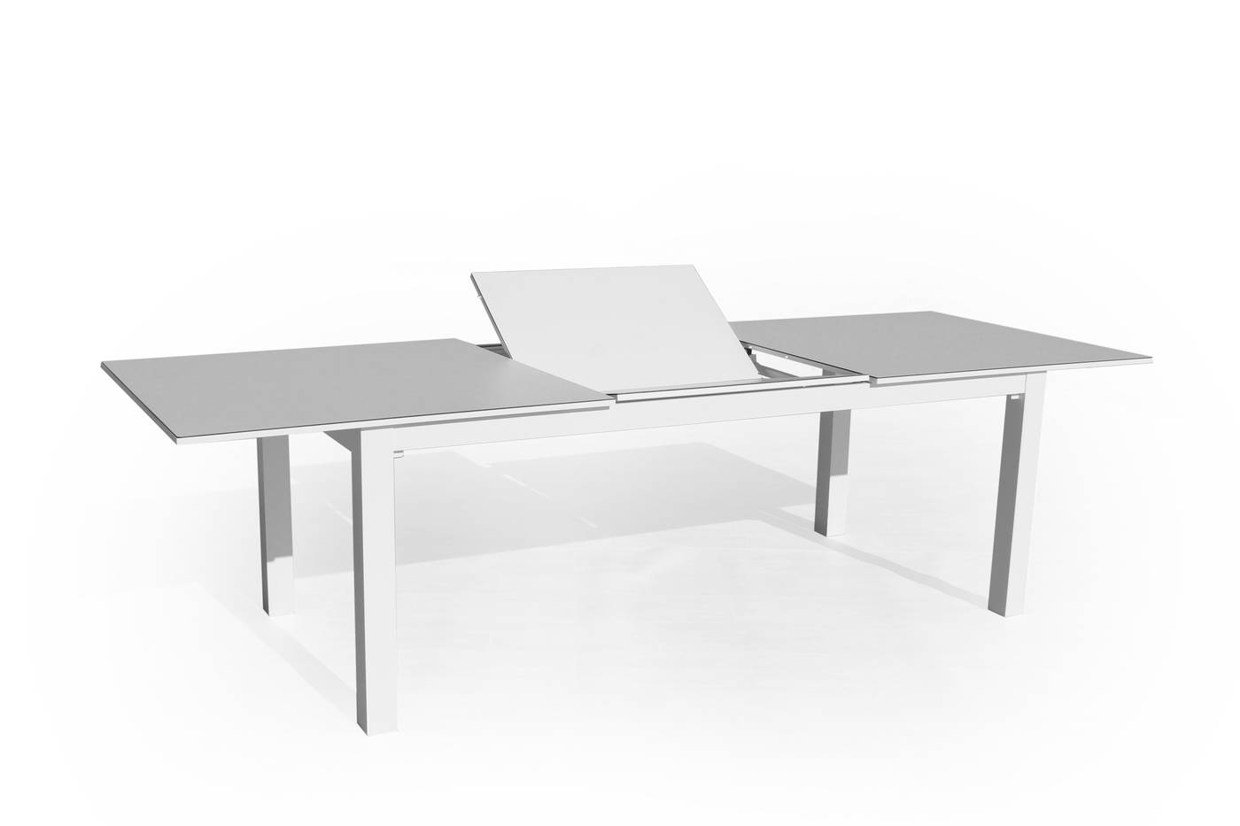 Mesa extensible de 220 a 300 cm, con tablero  HPL ultra resistente. Estructura aluminio color blanco, antracita o champagne.