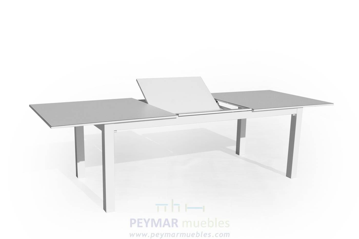 Mesa extensible de 220 a 300 cm, con tablero  HPL ultra resistente. Estructura aluminio color blanco, antracita o champagne.