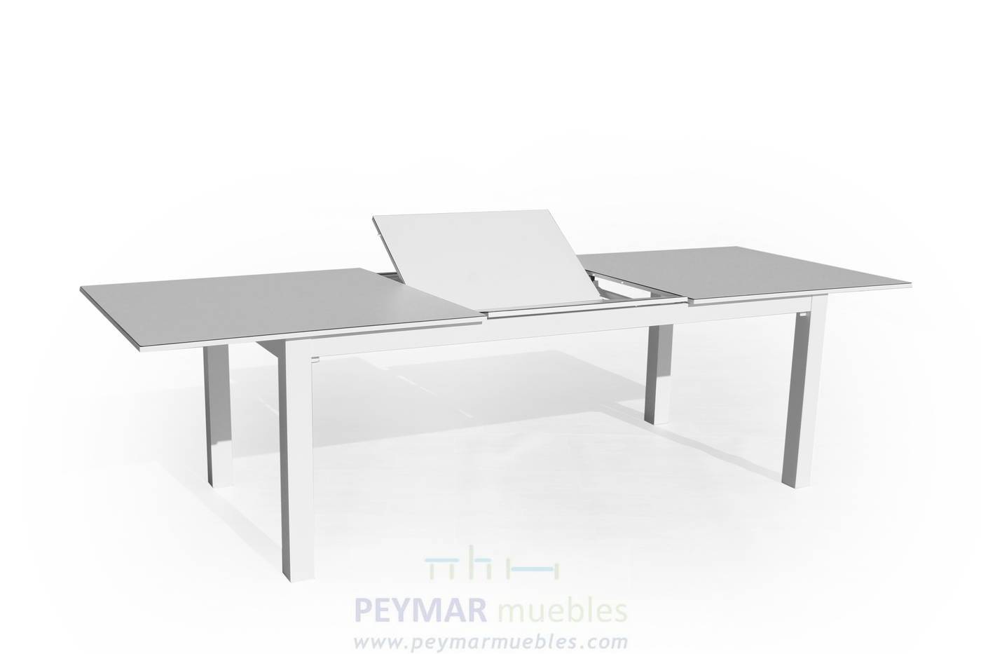 Mesa extensible de 220 a 300 cm, con tablero  HPL ultra resistente. Estructura aluminio color blanco, antracita, champagne, plata o marrón.