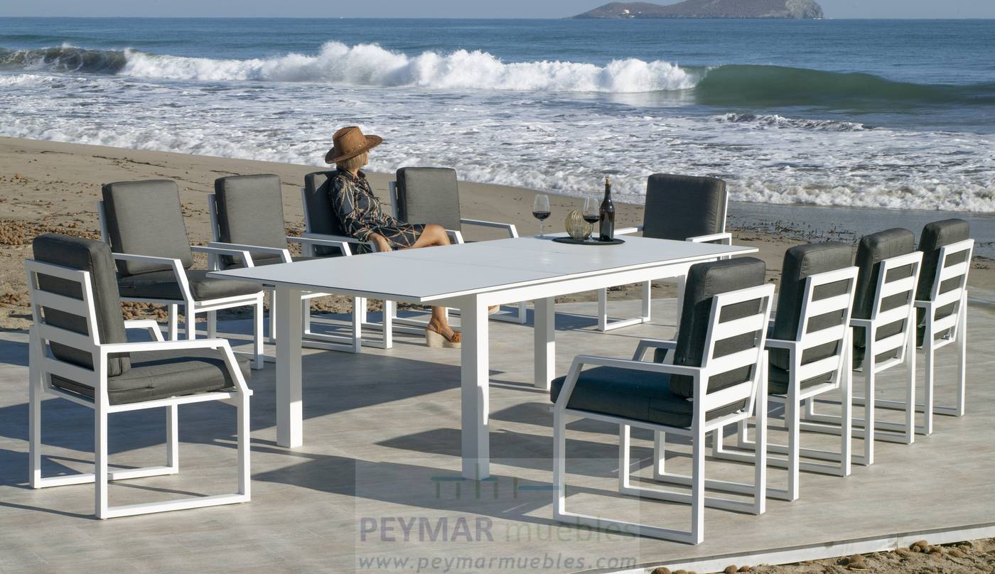 Mesa Extensible HPL Camelia-300 - Mesa extensible de 220 a 300 cm, con tablero  HPL ultra resistente. Estructura aluminio color blanco, antracita o champagne.