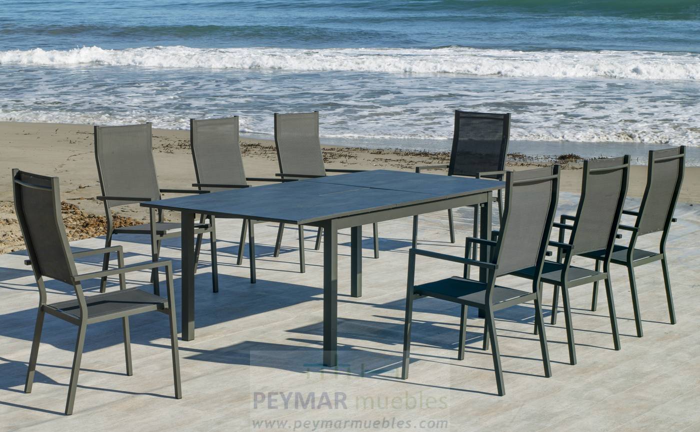 Mesa Extensible HPL Palma-220 - Mesa extensible de 220 cm, con tablero  HPL ultra resistente. Estructura aluminio color blanco, antracita, champagne, plata o marrón.