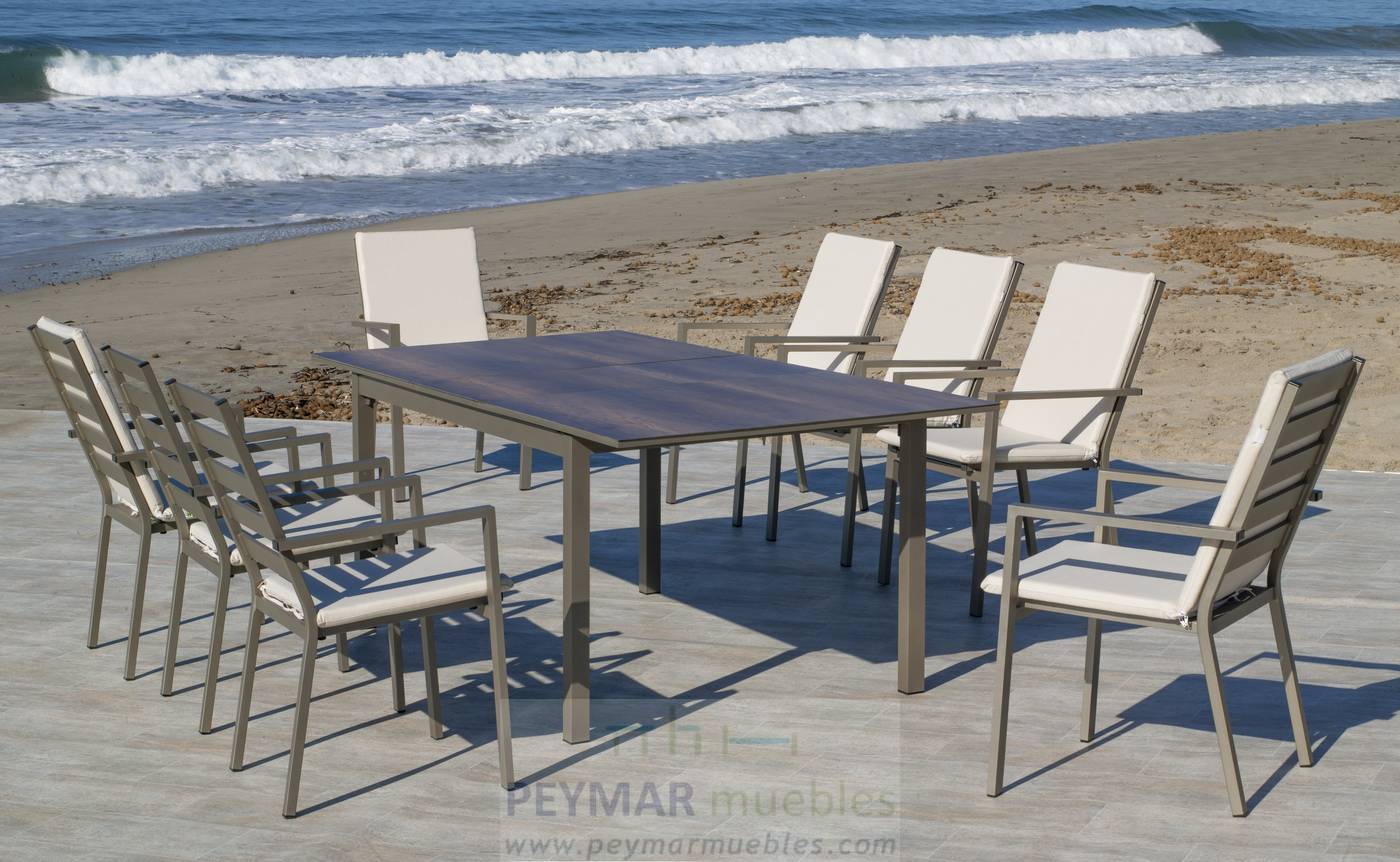 Mesa Extensible HPL Palma-220 - Mesa extensible de 220 cm, con tablero  HPL ultra resistente. Estructura aluminio color blanco, antracita, champagne, plata o marrón.