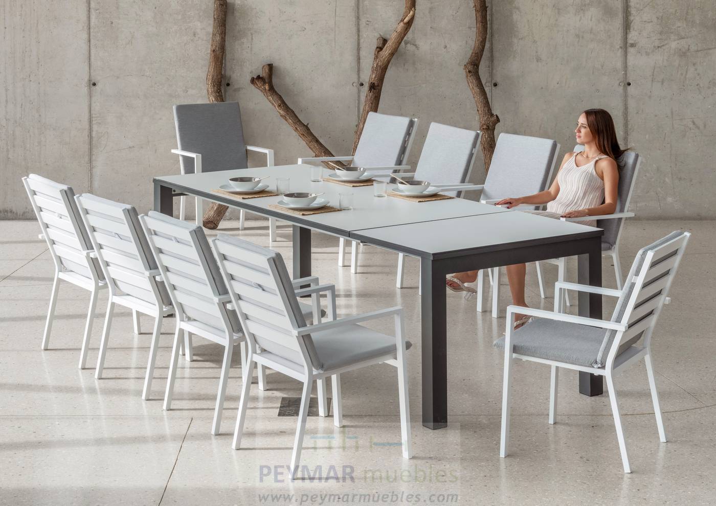 Mesa Extensible HPL Bairon-265 - Mesa de 200cm extensible a 265cm, con tablero de HPL ultra resistente. Estructura aluminio color blanco, antracita, champagne, plata o marrón.