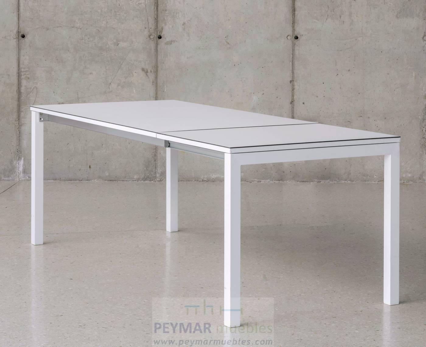 Set Aluminio Singapur-Janeiro 215-6 - Conjunto de aluminio: mesa extensible con tablero HPL + 6 sillones altos de textilen. Disponible en color blanco o antracita.