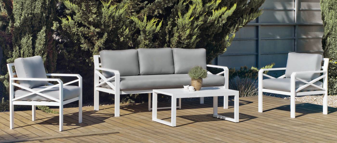 Conjunto Aluminio Luxe Lausana-8 - Conjunto de aluminio: 1 sofá de 3 plazas + 2 sillones + 1 mesa de centro + cojines. Disponible en color blanco y antracita.