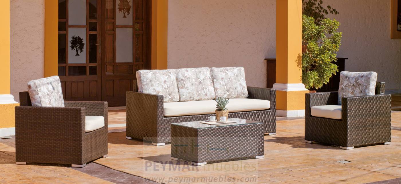 Conjunto de ratán sintético color marrón: 1 sofá 3 plazas + 2 sillones + 1 mesa de centro