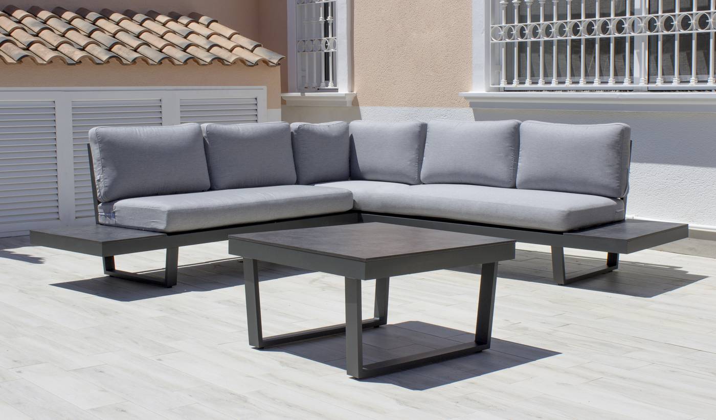 Rinconera luxe 5 plazas + mesa de centro tablero HPL. Estructura robusta de aluminio color blanco o antracita.