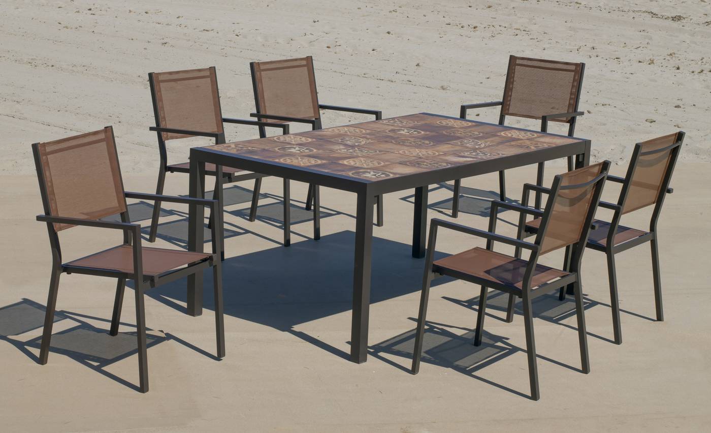 Set Lomba-160-6 Córcega - Conjunto de aluminio color marrón: Mesa rectangular con tablero mosaico de 160 cm + 6 sillones de textilen.