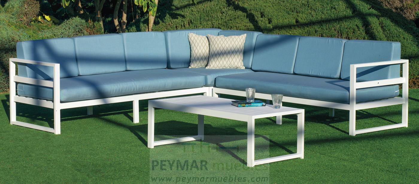 Rinconera modular de 7 plazas con cojines desenfundables. Estructura aluminio color blanco, antracita, champagne, plata o marrón.