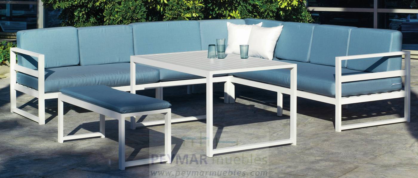 Rinconera modular de 7 plazas + mesa centro alta + banco. Estructura aluminio color blanco o antracita.
