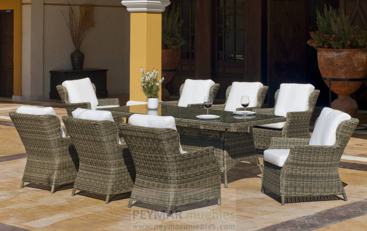 Mesa Ratán Borsalino-220 - Mesa de comedor de 220 cm. para jardín o terraza. Fabricada con médula sintética calidad extra. Tablero de cristal templado.