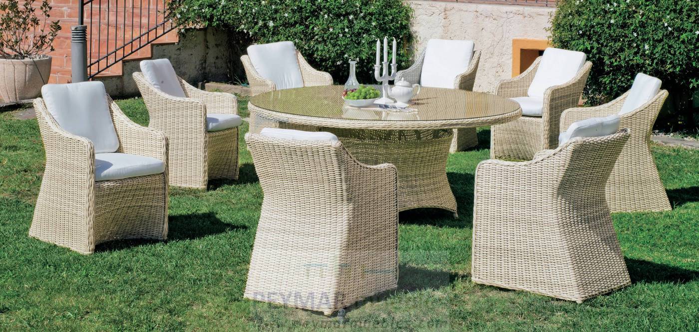 Conjunto médula sintética lujo color gris: 1 mesa comedor redonda de 180 cm+ 8 sillones con cojines asiento y respaldo.
