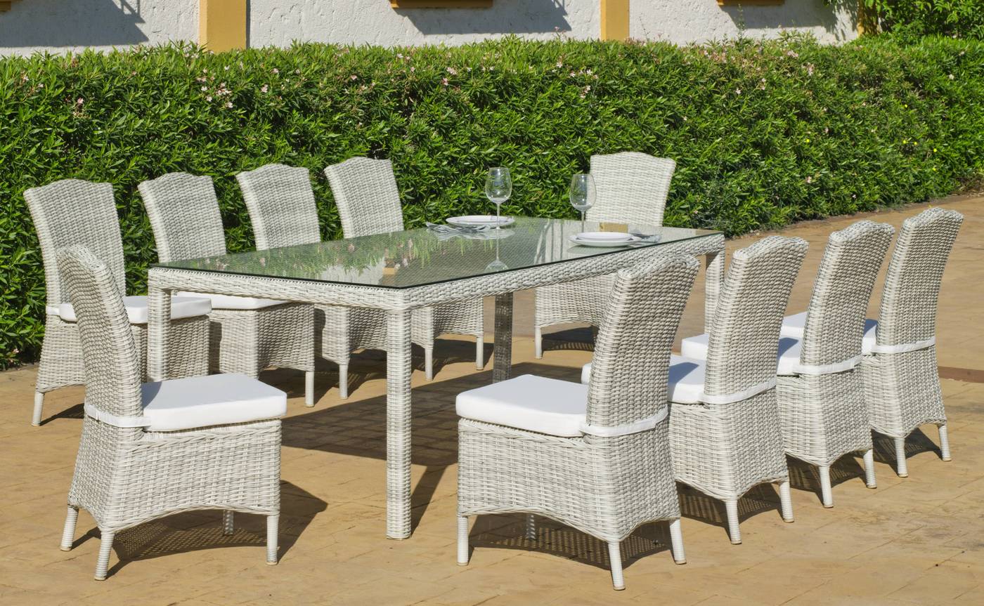 Conjunto de médula color gris calidad superior: 1 mesa comedor rectangular 220 cm. + 10 sillas con cojines.