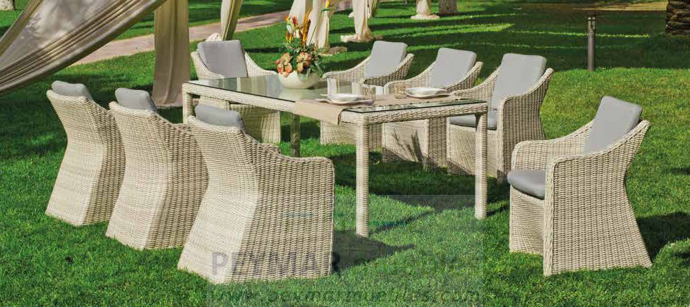 Conjunto médula sintética lujo color gris: 1 mesa comedor rectangular de 220 cm+ 8 sillones con cojines asiento y respaldo.