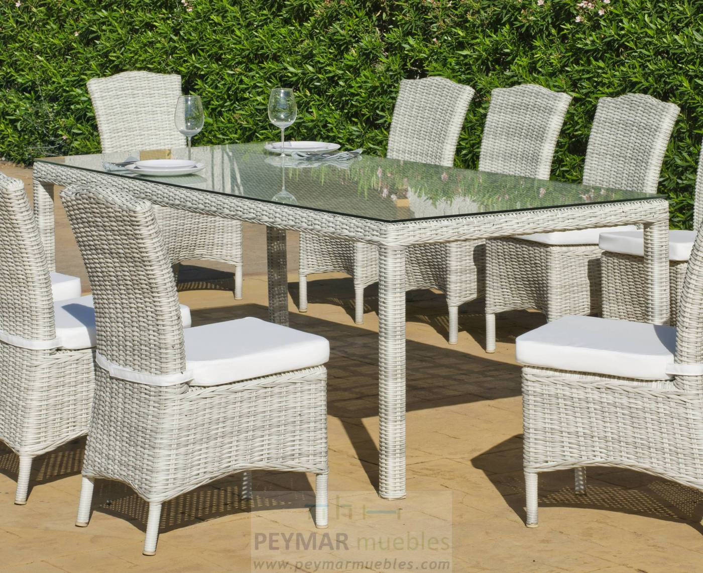 Set Médula Luxe Celebes 220-8 - Conjunto médula sintética lujo color gris: 1 mesa comedor rectangular de 220 cm+ 8 sillones con cojines asiento y respaldo.
