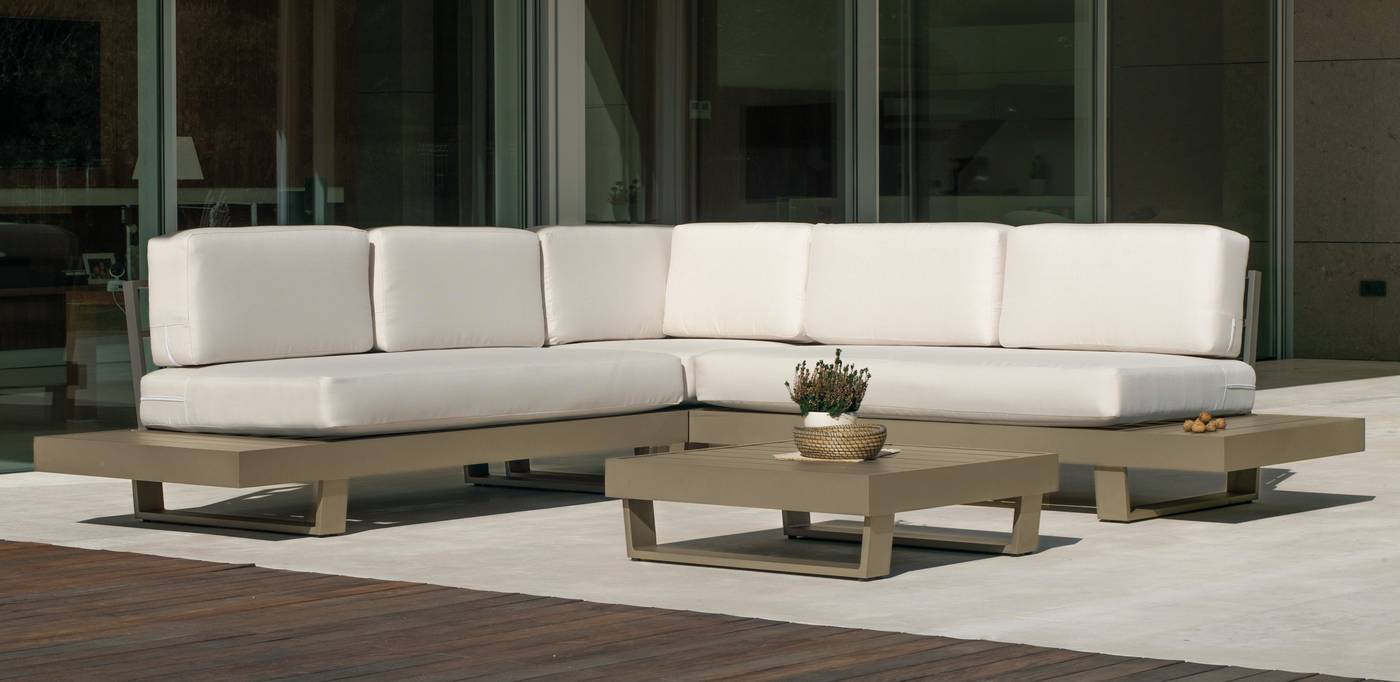 Set Rinconera Aluminio Luxe Menfis-7 - Rinconera confort lujo 5 plazas, con cojines desenfundables + mesa de centro. Estructura robusta de aluminio color blanco, antracita o champagne.