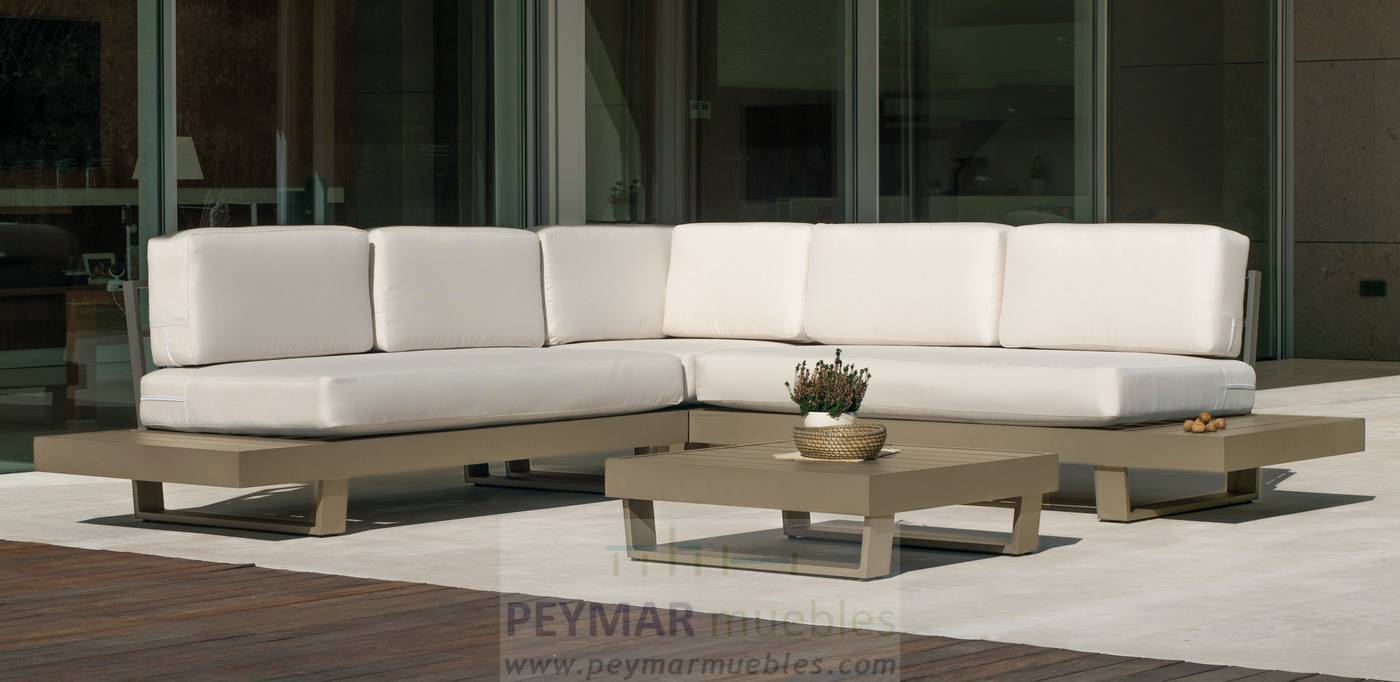 Set Rinconera Aluminio Luxe Menfis-7 - Rinconera confort lujo 5 plazas, con cojines desenfundables + mesa de centro. Estructura robusta de aluminio color blanco, antracita o champagne.
