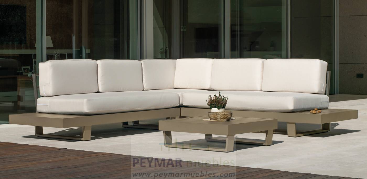 Set Rinconera Aluminio Luxe Menfis-7 - Rinconera confort lujo 5 plazas, con cojines desenfundables + mesa de centro. Estructura robusta de aluminio color blanco, antracita, champagne, plata o marrón.