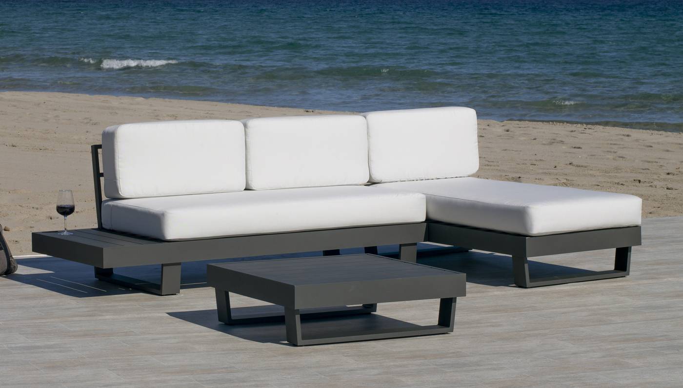Chaiselongue Aluminio Luxe Menfis-9 - Chaiselongue confort con cojines desenfundables + mesa de centro. Estructura robusta de aluminio color blanco, antracita o champagne.