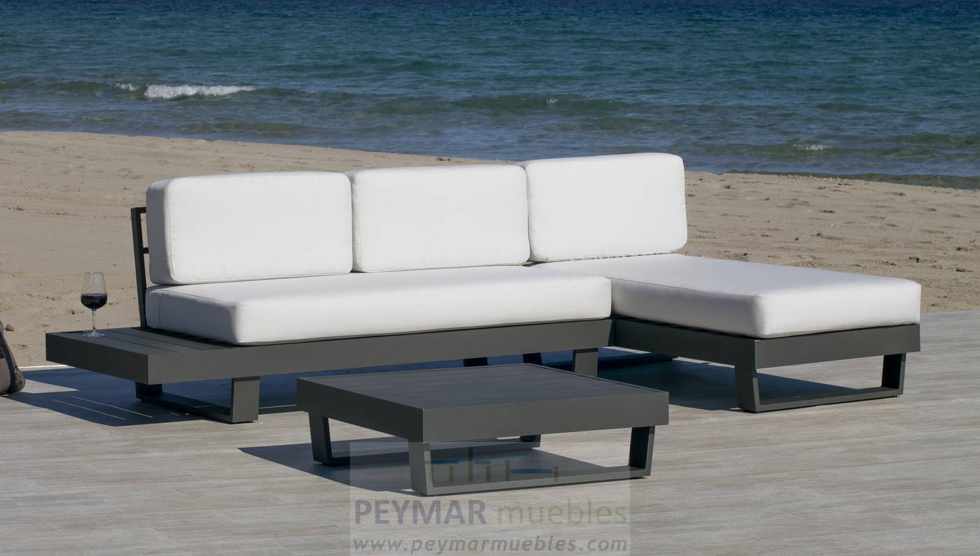 Chaiselongue Aluminio Luxe Menfis-9 - Chaiselongue confort con cojines desenfundables + mesa de centro. Estructura robusta de aluminio color blanco, antracita, champagne, plata o marrón.