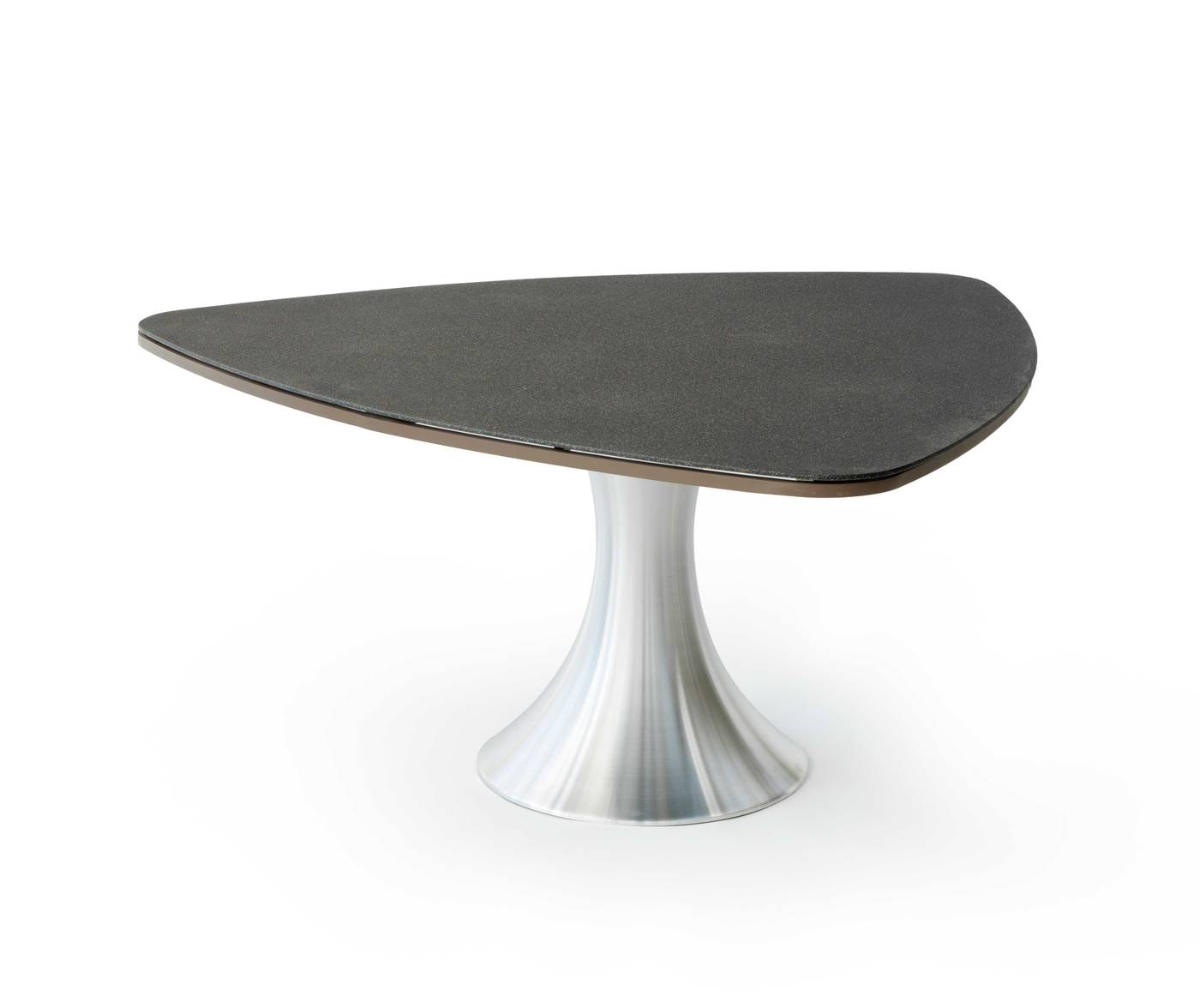 Mesa comedor gran lujo triangular, estructura de aluminio con tablero de cristal piedra.