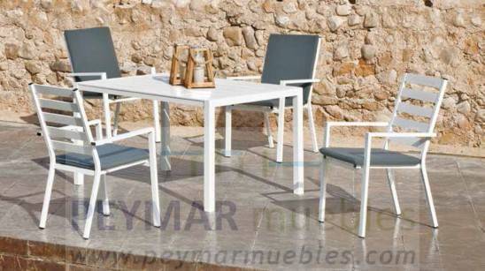 Set Aluminio Palma 135-6 - Mesa rectangular de aluminio  con tablero lamas de aluminio + 6 sillones. Disponible en color blanco, antracita, champagne, plata o marrón.