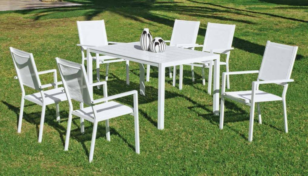 Set Aluminio Palma 135-6 - Mesa rectangular de aluminio  con tablero lamas de aluminio + 6 sillones. Disponible en color blanco, antracita, champagne, plata o marrón.