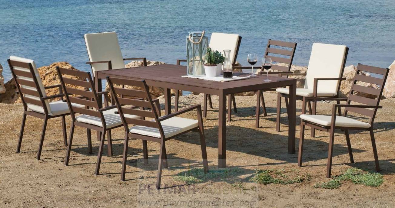 Set Aluminio Luxe Palma 200-8 - Mesa rectangular de aluminio 200 cm. con tablero lamas de aluminio + 8 sillones. Disponible en varios colores: blanco, antracita, champagne, plata o marrón.