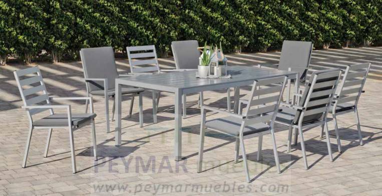 Mesa Aluminio Palma-220 - Mesa de aluminio con tablero lamas de aluminio de 220 cm. Disponible en color blanco, antracita, champagne, plata o marrón.