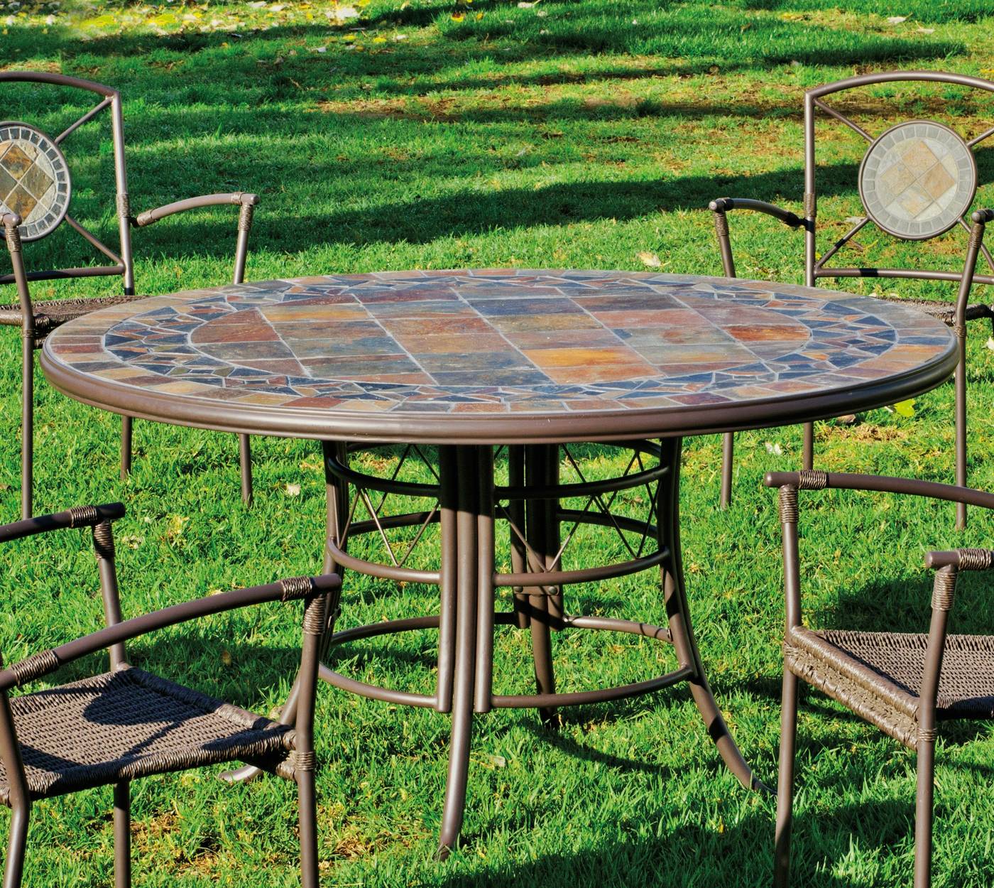 Set Mosaico Luxe Sotomar-140 - Conjunto lujoso de forja: mesa con panel mosaico de piedra + 6 sillones de forja apilables