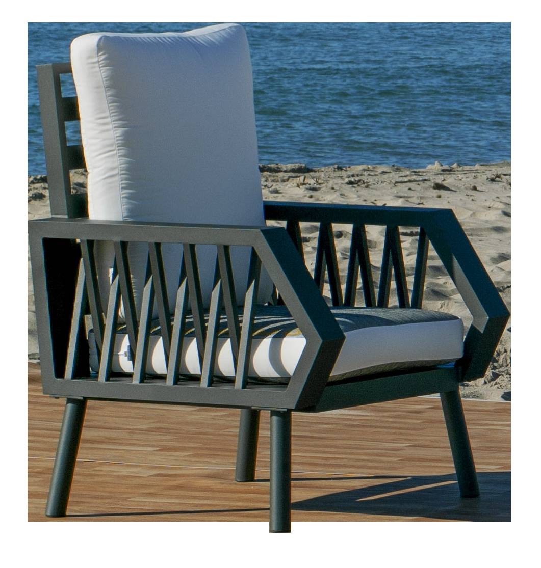 Set Aluminio Luxe Milano-7 - Conjunto robusto y lujoso de aluminio: 1 sofá de 2 plazas + 2 sillones + 1 mesa de centro + cojines.