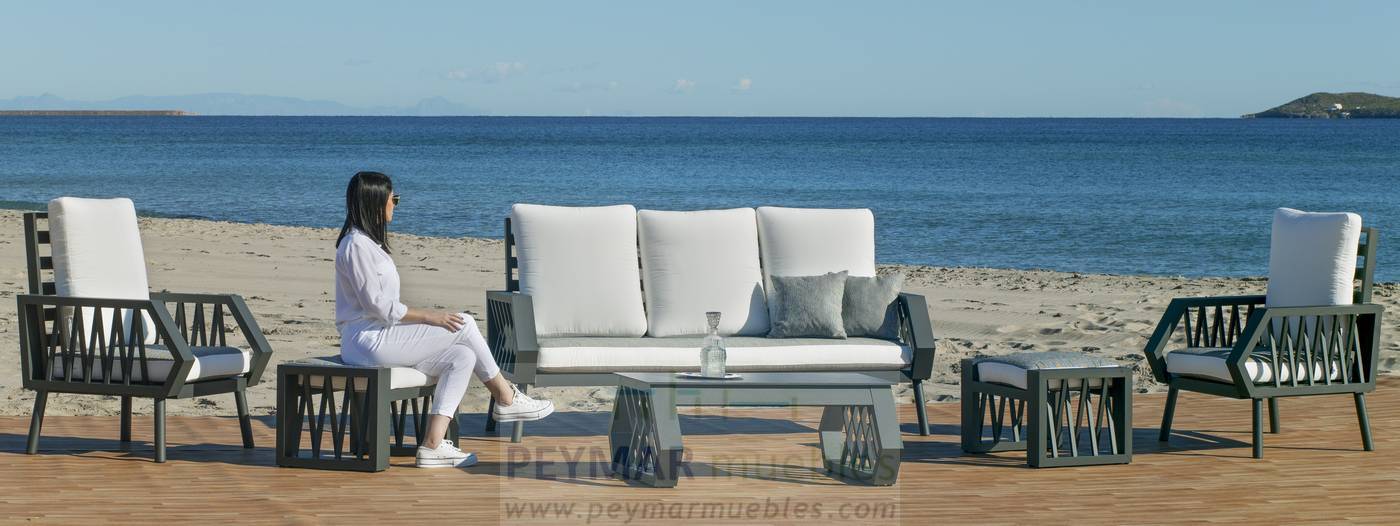 Conjunto robusto y lujoso de aluminio: 1 sofá de 3 plazas + 2 sillones + 2 reposapiés + 1 mesa de centro. Disponible en color blanco, antracita, champagne, plata o marrón.