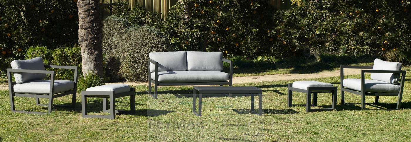 Set Aluminio Luxe Montana-9 - Conjunto aluminio: 1 sofá 2 plazas + 2 sillones + 1 mesa de centro + 2 reposapiés. Disponible en color blanco o antracita.