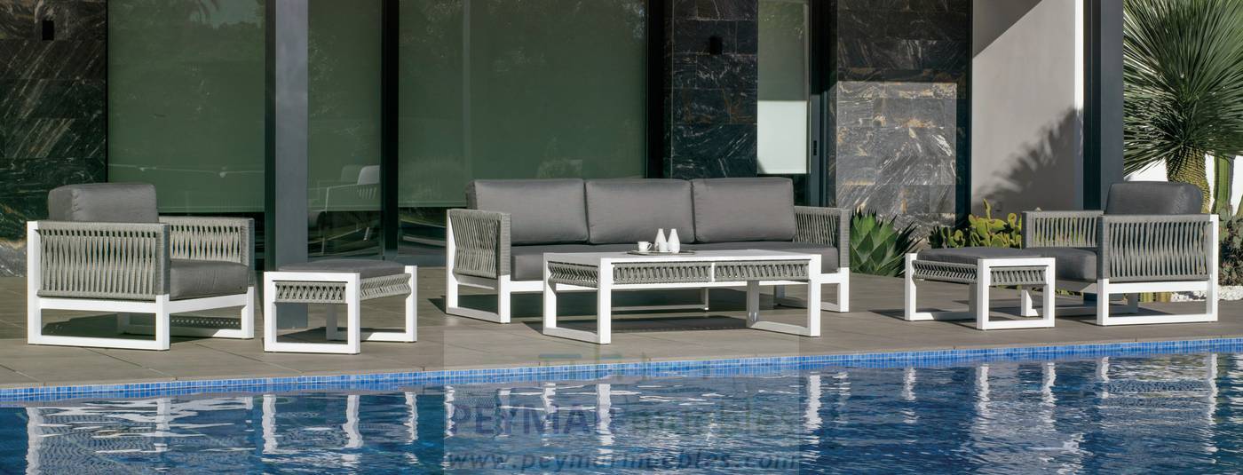 Set Aluminio Monterrey-10 - Conjunto aluminio: 1 sofá de 3 plazas + 2 sillones + 1 mesa de centro + 2 taburetes. Colores disponibles: blanco, gris, marrón o champagne.