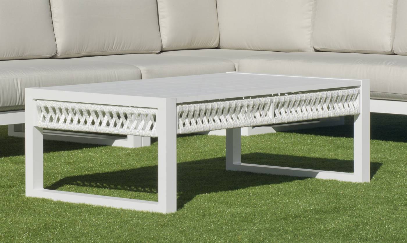 Set Aluminio Monterrey-9 - Conjunto aluminio-cuerda: 1 sofá de 2 plazas + 2 sillones + 1 mesa de centro + 2 taburetes. Colores disponibles: blanco, gris, marrón o champagne.