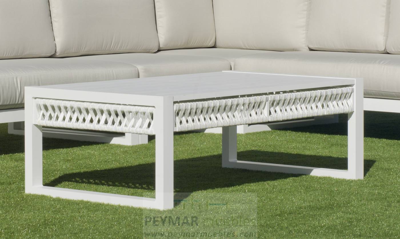 Set Aluminio Monterrey-9 - Conjunto aluminio-cuerda: 1 sofá de 2 plazas + 2 sillones + 1 mesa de centro + 2 taburetes. Colores disponibles: blanco, gris, marrón o champagne.