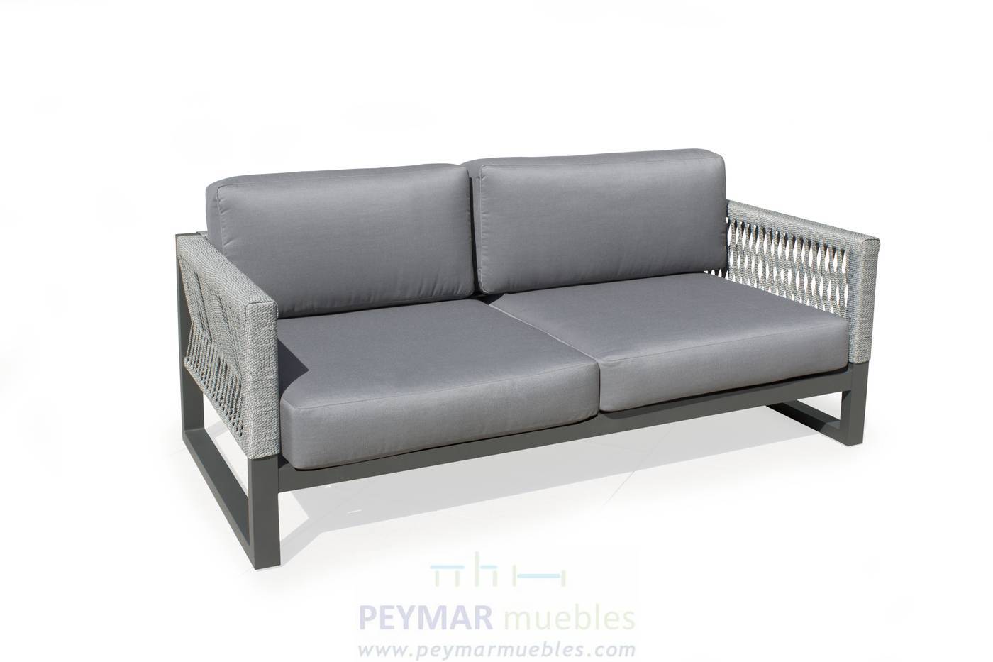 Set Aluminio Monterrey-7 - Conjunto aluminio-cuerda: 1 sofá de 2 plazas + 2 sillones + 1 mesa de centro. Colores disponibles: blanco, gris, marrón o champagne.