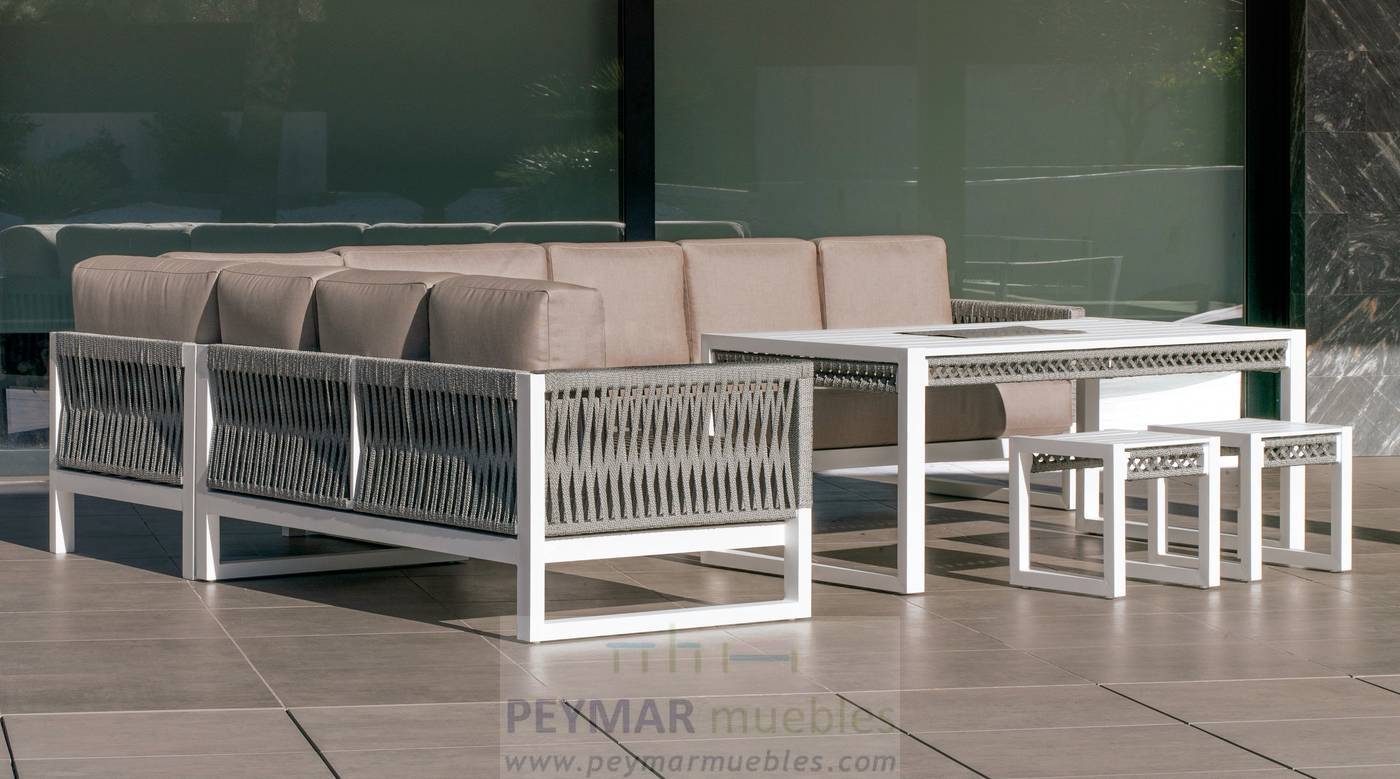 Rinconera Cuerda Monterrey-30 - Rinconera modular lujo de 8 plazas  +  mesa centro + 2 taburetes. Fabricado de aluminio y cuerda. Colores: blanco, gris, marrón o champagne.