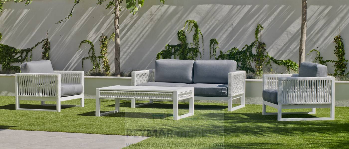 Sofá Cuerda Monterrey-2 - Sofá relax 2 plazas gran lujo, con cojines desenfundables. Fabricado de aluminio y cuerda. Colores: blanco, gris, marrón o champagne.