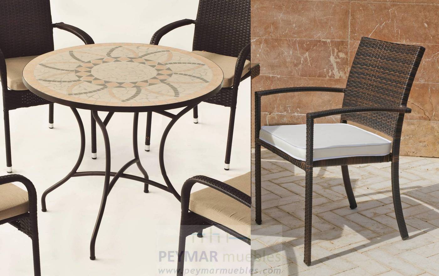 Conjunto de forja color marrón: mesa con tablero mosaico de 90 cm + 4 sillones de ratán sintético con cojines.