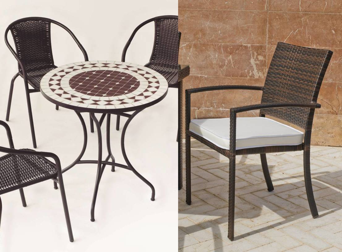 Conjunto Mosaico Oran75-Bahia - Conjunto de forja color marrón: mesa con tablero mosaico de 75 cm + 4 sillones de ratán sintético con cojines.