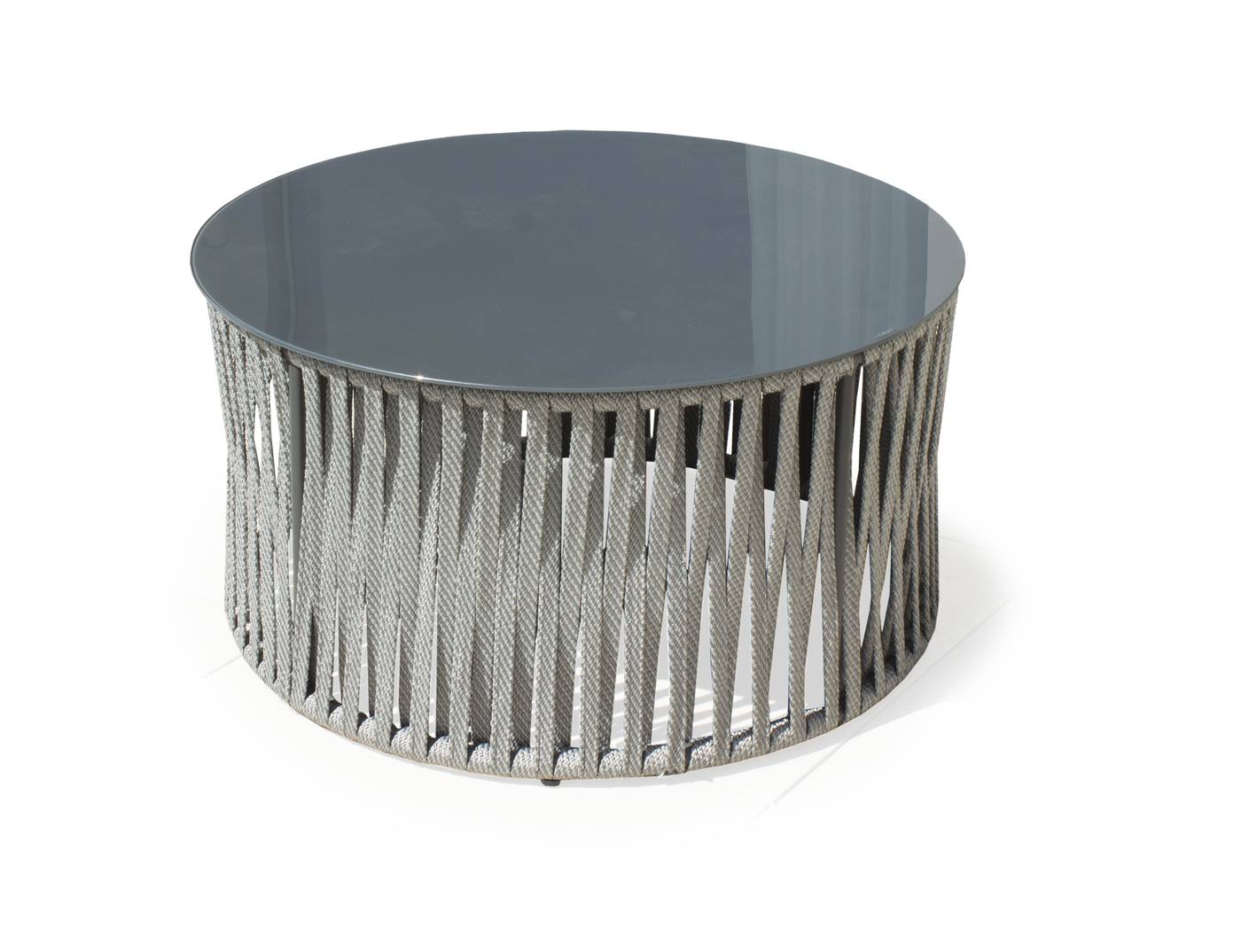 Rinconera Cuerda Naroha-8 - Rinconera circular lujo de 8-12 plazas  +  mesa centro. Hecha de aluminio y cuerda color gris.