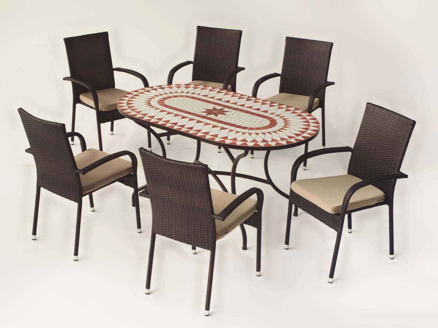 Conjunto Mosaico Neypal150-Bergamo - Conjunto de forja color bronce: mesa con tablero mosaico de 150 cm + 6 sillones con cojines asiento.
