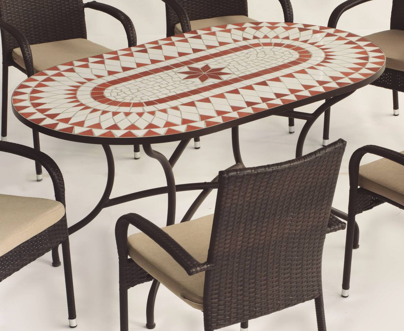 Conjunto Mosaico Neypal150-Bergamo - Conjunto de forja color bronce: mesa con tablero mosaico de 150 cm + 6 sillones con cojines asiento.